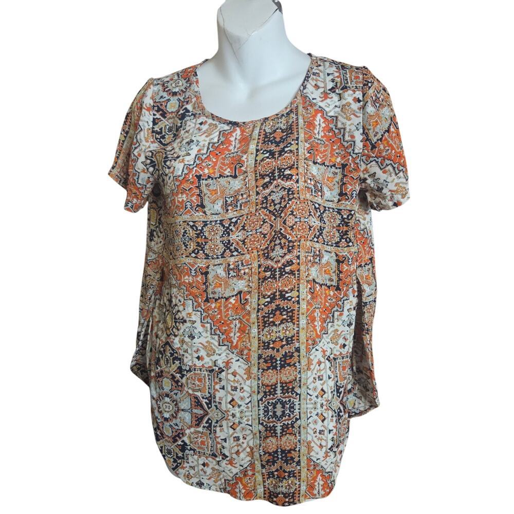 Olivaceous Short Sleeve Top Size S Orange Navy Geometric Print